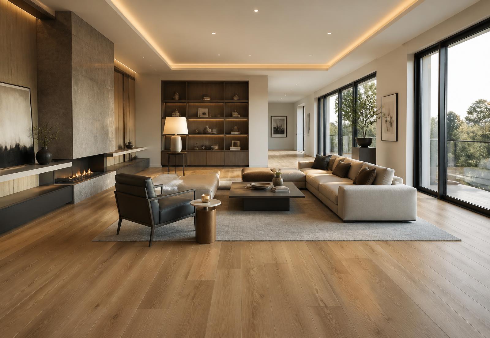 Luxury living room with wide-plank flooring installed by Unified Solution
